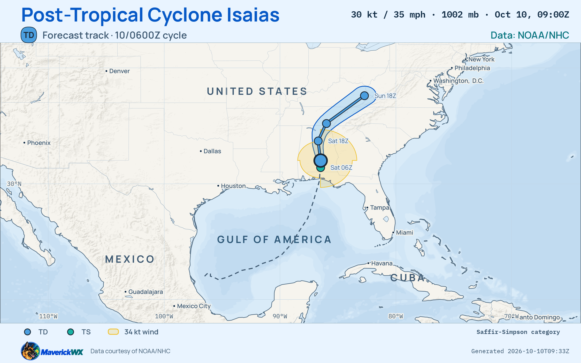 NHC forecast for Post-Tropical Cyclone Isaias, Advisory 15; rendered by MaverickWX