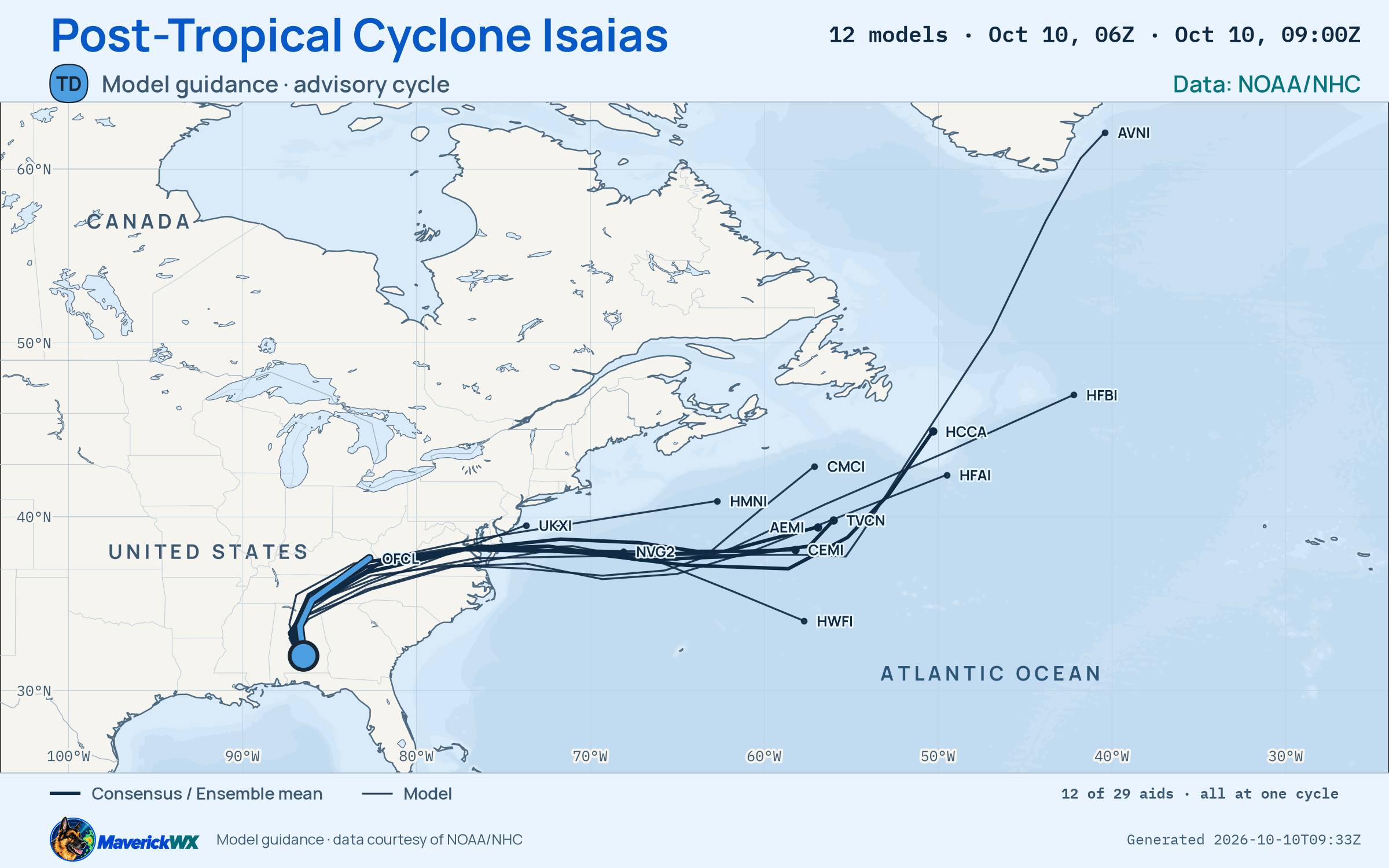 The models’ tracks, which are not a forecast for Post-Tropical Cyclone Isaias, NHC Advisory 15