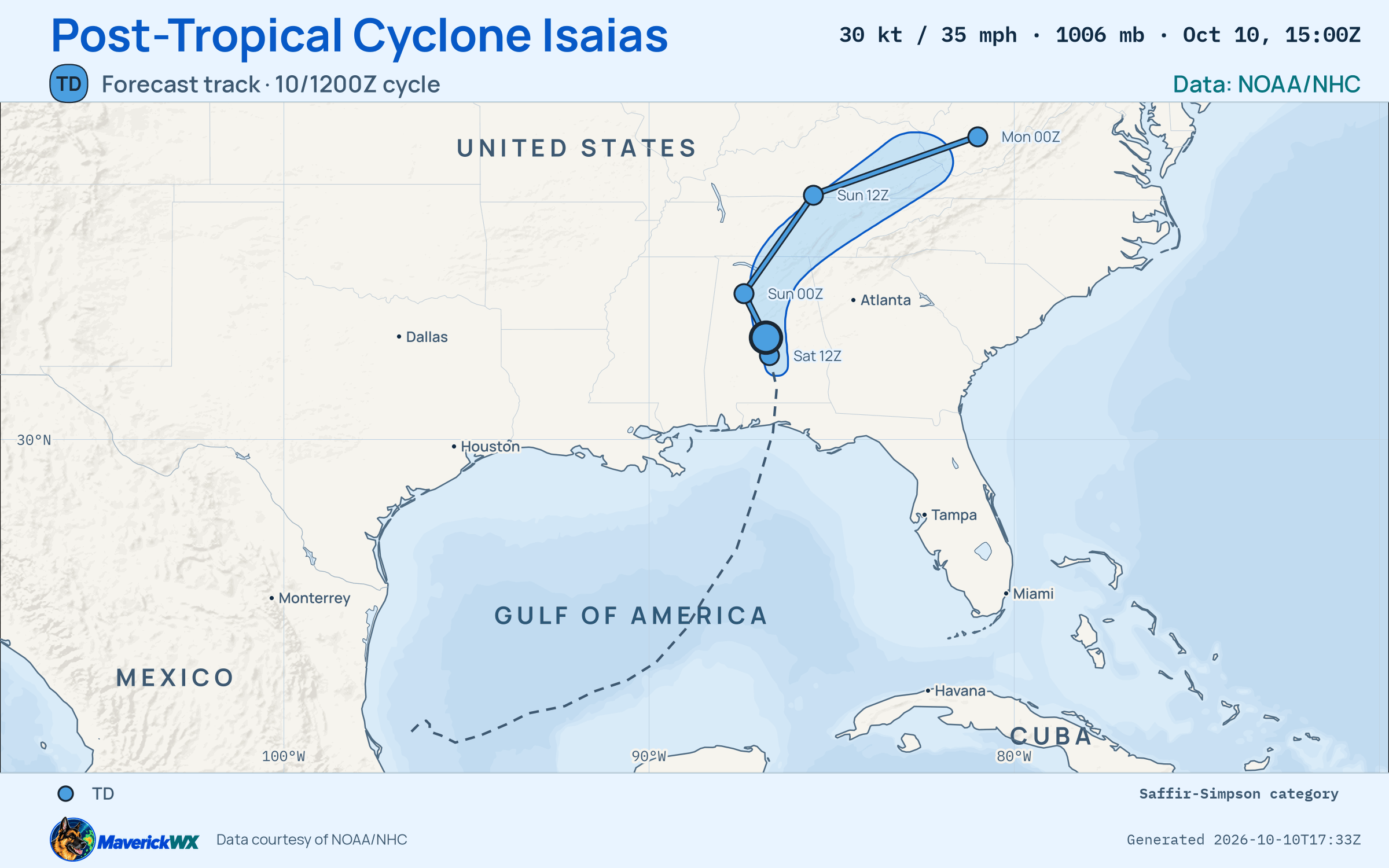 The official forecast track for Post-Tropical Cyclone Isaias, NHC Advisory 16