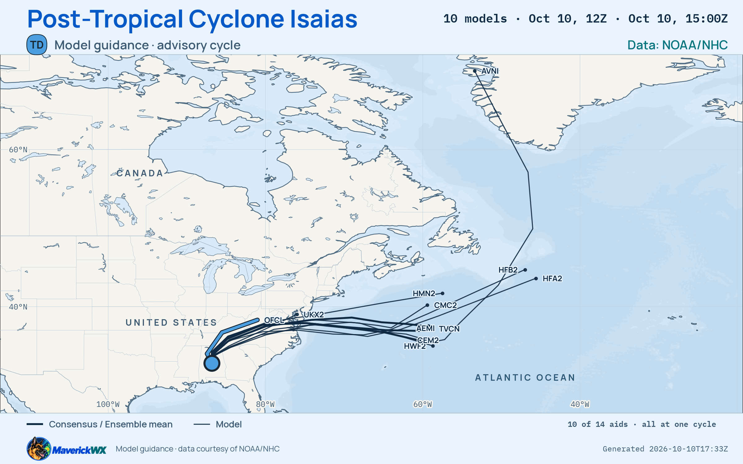 The models’ tracks, which are not a forecast for Post-Tropical Cyclone Isaias, NHC Advisory 16