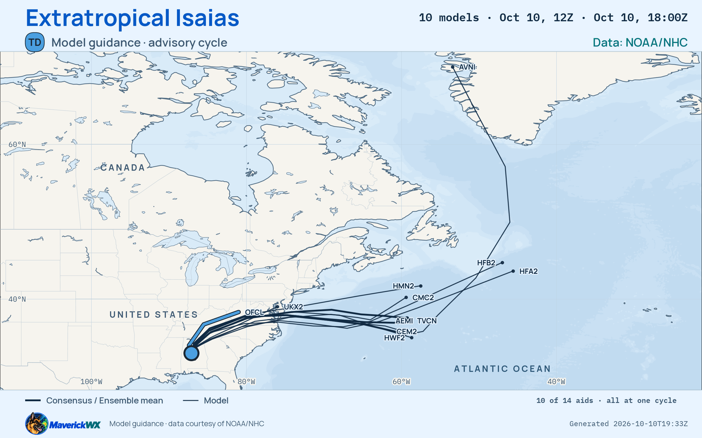 The models’ tracks, which are not a forecast for Extratropical Isaias, NHC Best track