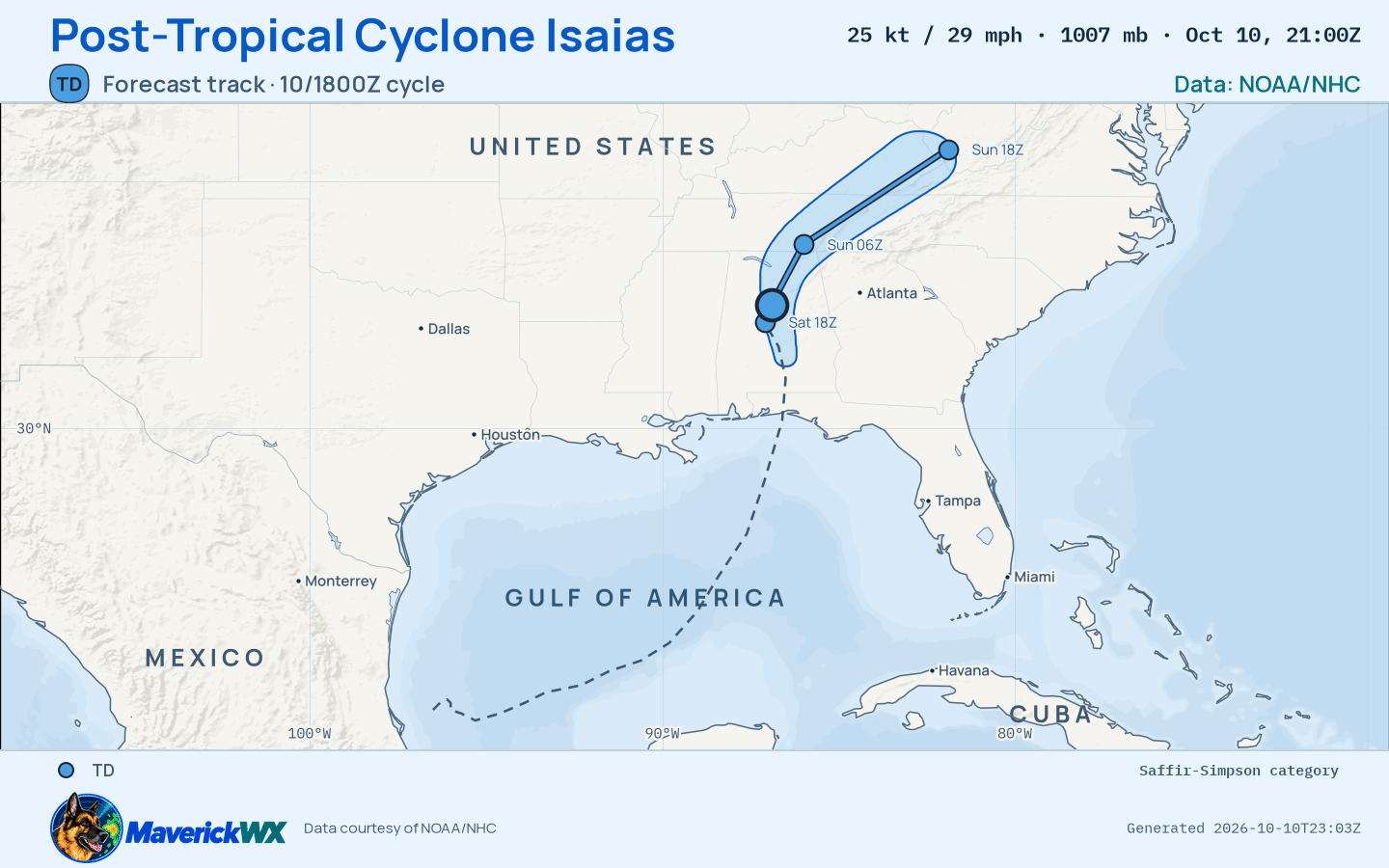 The official forecast track for Post-Tropical Cyclone Isaias, NHC Advisory 17