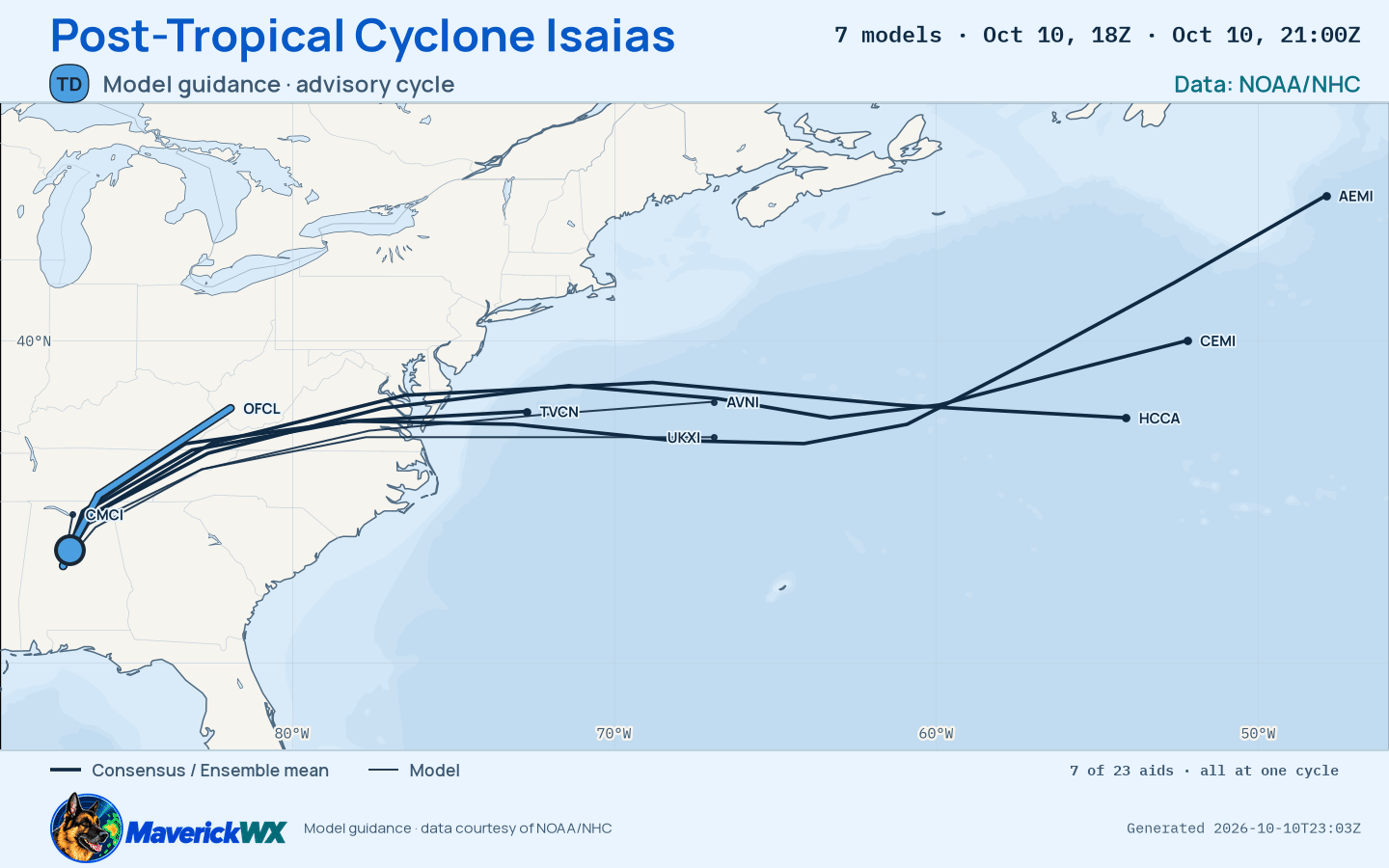 The models’ tracks, which are not a forecast for Post-Tropical Cyclone Isaias, NHC Advisory 17