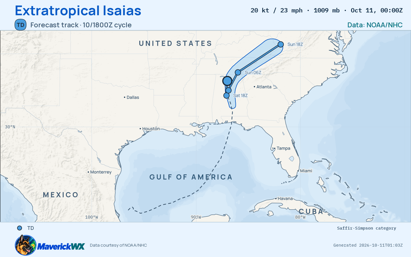 NHC forecast for Extratropical Isaias, Best track; rendered by MaverickWX