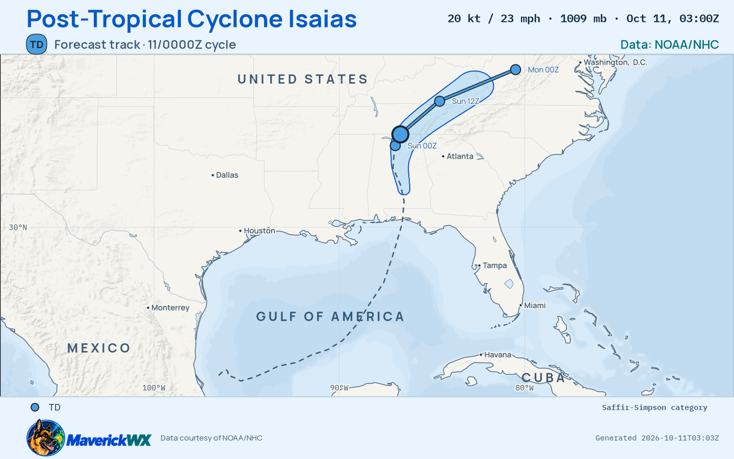 NHC forecast for Post-Tropical Cyclone Isaias, Advisory 18; rendered by MaverickWX