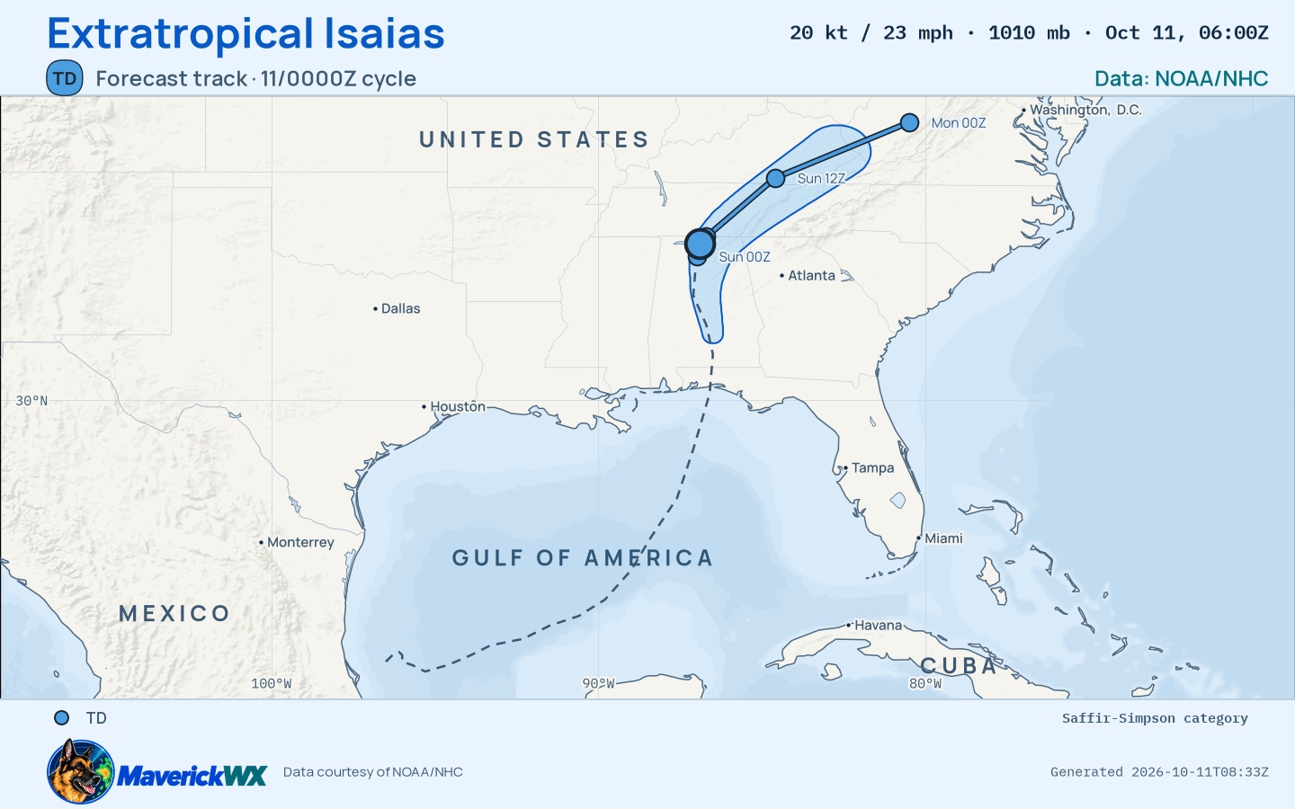 NHC forecast for Extratropical Isaias, Best track; rendered by MaverickWX