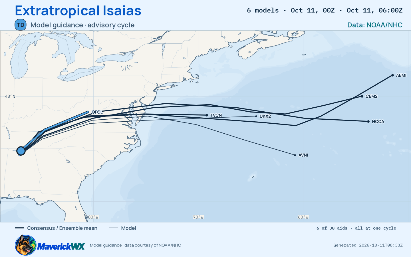 The models’ tracks, which are not a forecast for Extratropical Isaias, NHC Best track