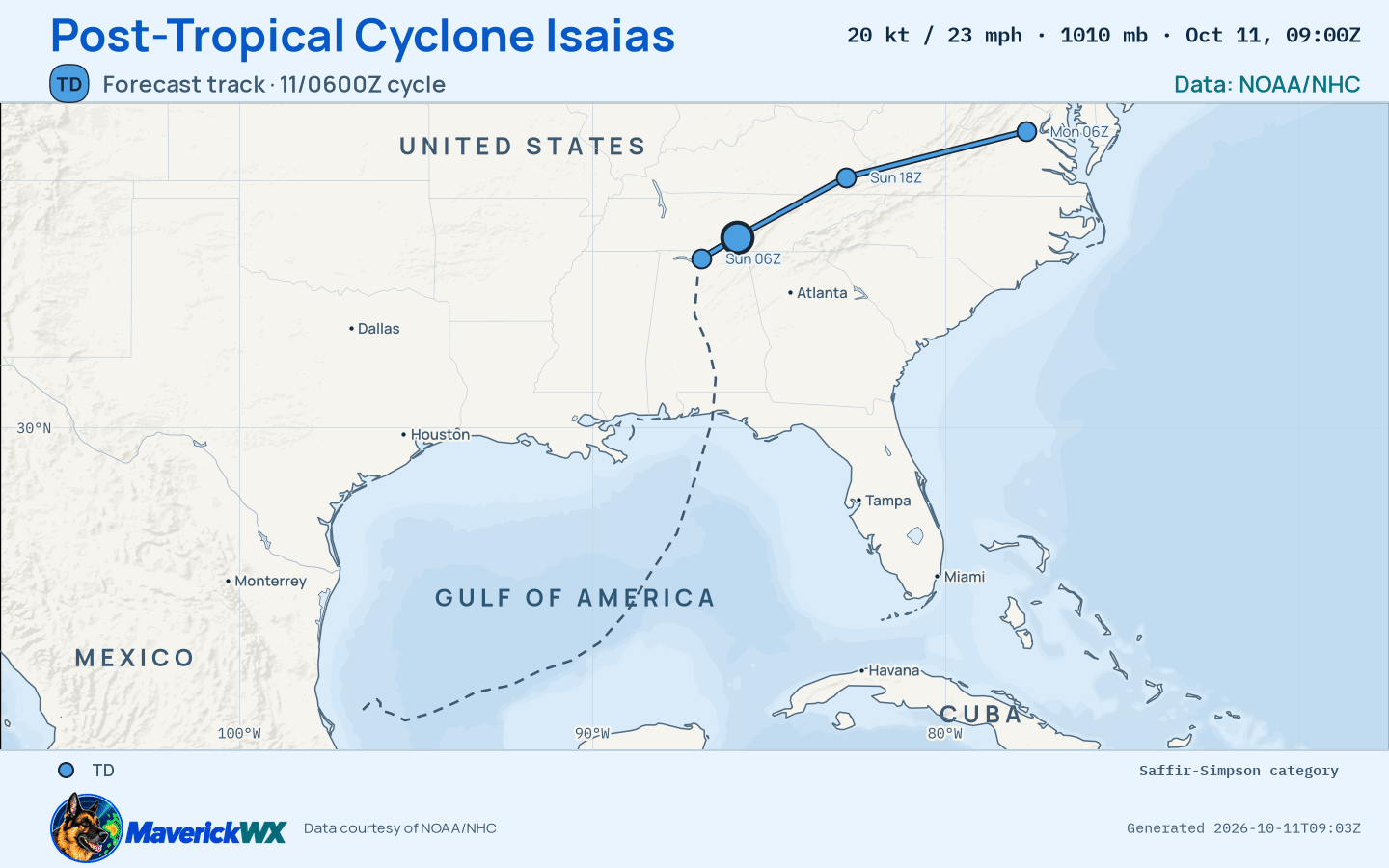 The official forecast track for Post-Tropical Cyclone Isaias, NHC Advisory 19