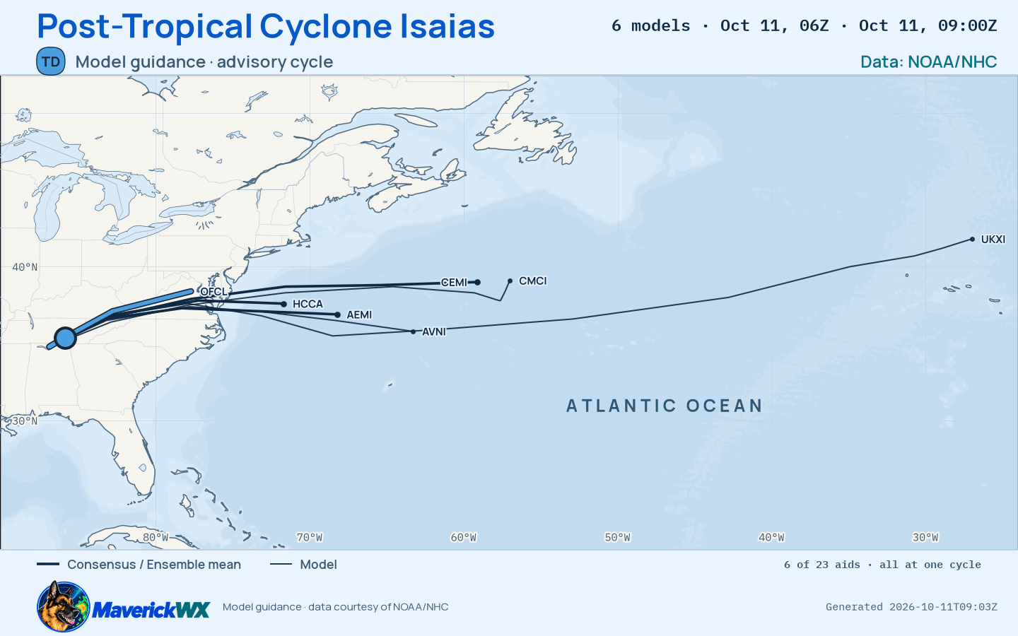 The models’ tracks, which are not a forecast for Post-Tropical Cyclone Isaias, NHC Advisory 19