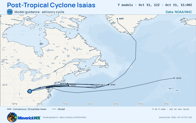 The models’ tracks, which are not a forecast for Post-Tropical Cyclone Isaias, NHC Advisory 20
