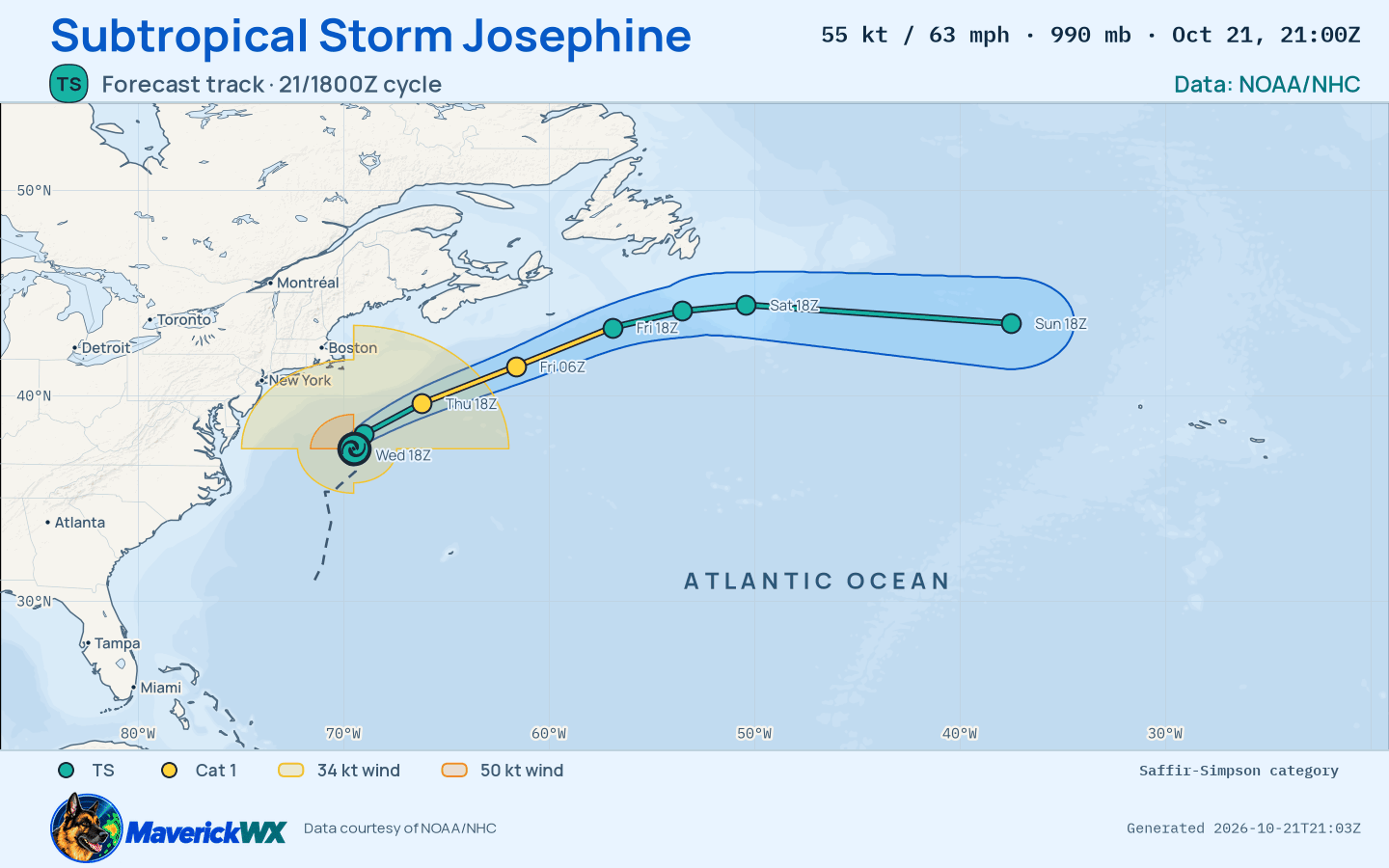 NHC forecast for Subtropical Storm Josephine, Advisory 1; rendered by MaverickWX