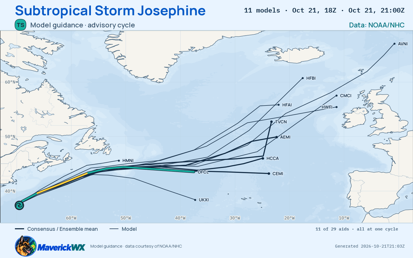 The models’ tracks, which are not a forecast for Subtropical Storm Josephine, NHC Advisory 1