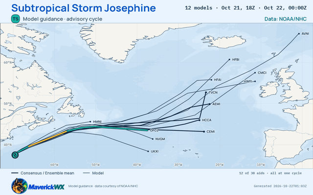 The models’ tracks, which are not a forecast for Subtropical Storm Josephine, NHC Best track