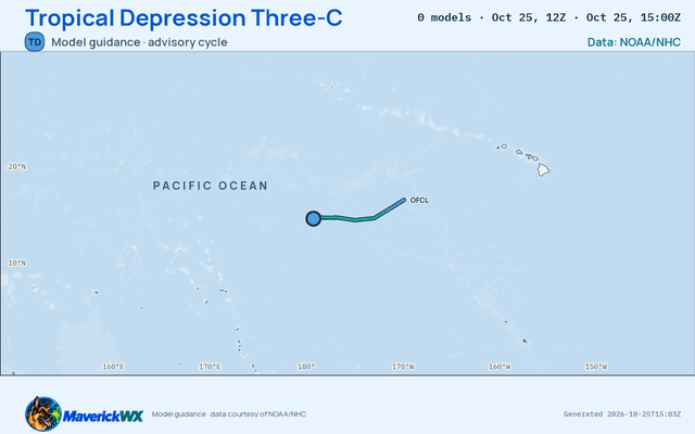 The models’ tracks, which are not a forecast for Tropical Depression Three-C, CPHC Advisory 1