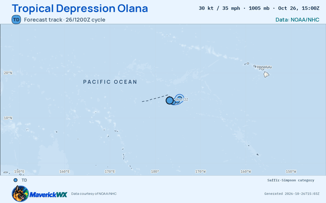 The official forecast track for Tropical Depression Olana, CPHC Advisory 5