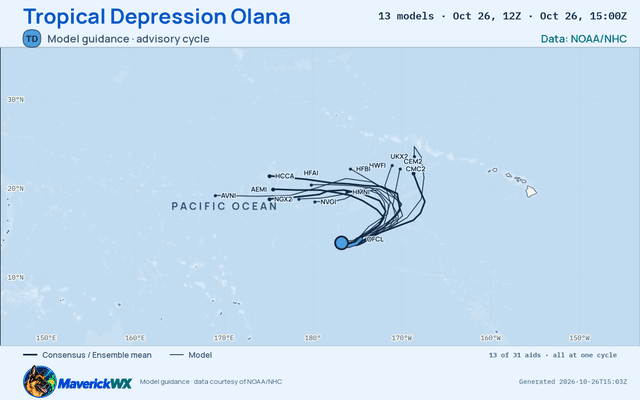 The models’ tracks, which are not a forecast for Tropical Depression Olana, CPHC Advisory 5