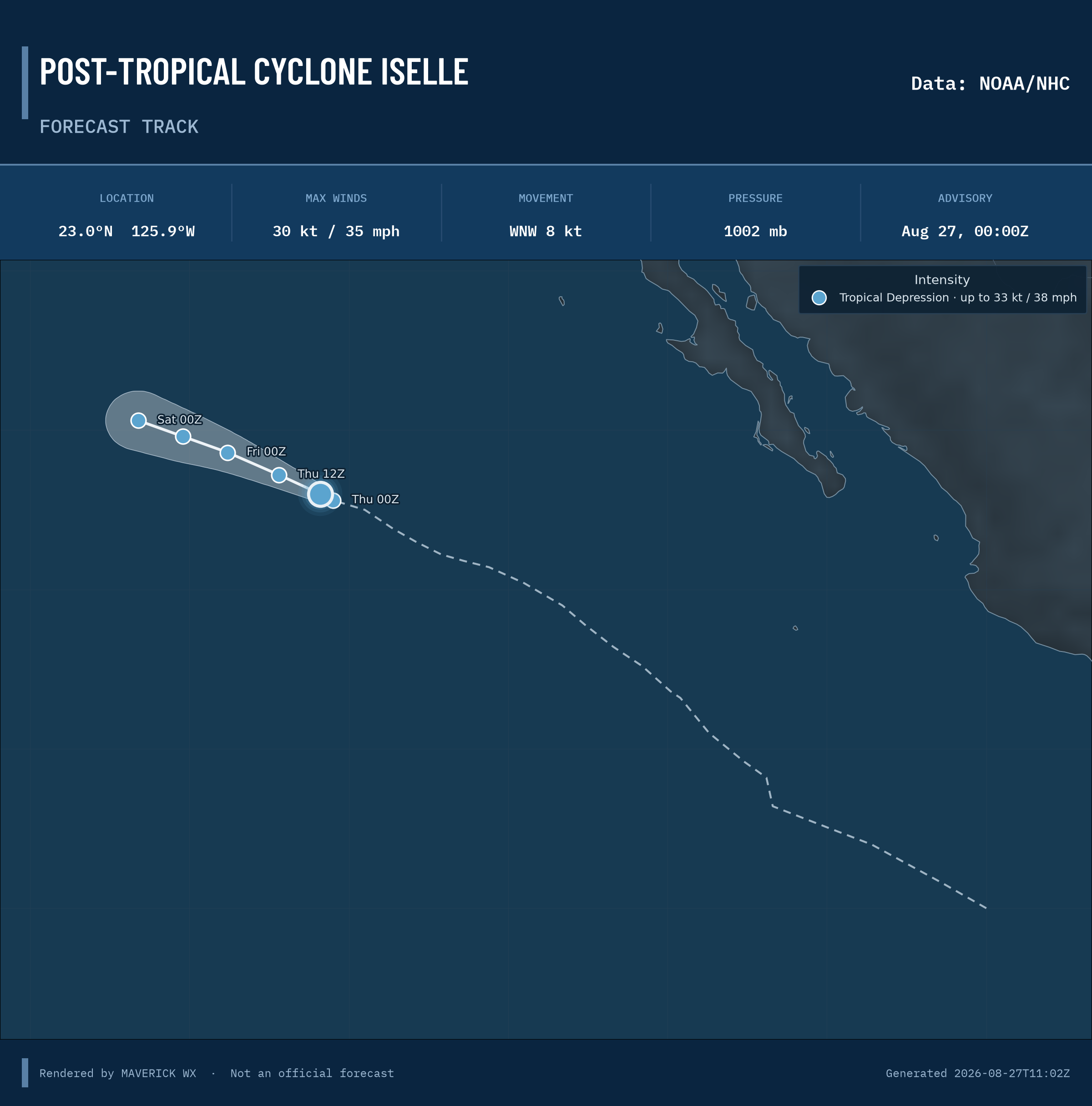 NHC forecast for Post-Tropical Cyclone Iselle, Advisory; rendered by MaverickWX