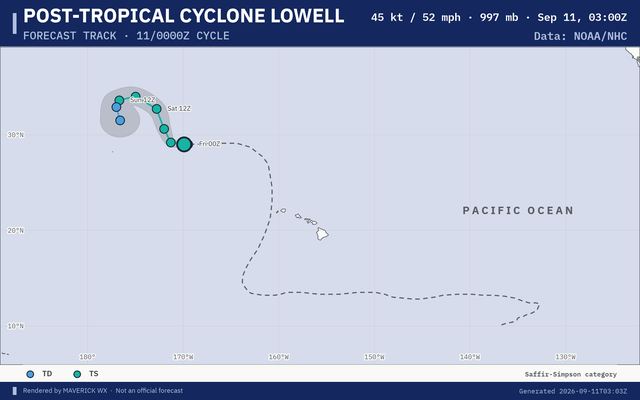 NHC forecast for Post-Tropical Cyclone Lowell, Advisory 60; rendered by MaverickWX