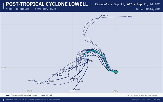 The models’ tracks, which are not a forecast for Post-Tropical Cyclone Lowell, NHC Advisory 60