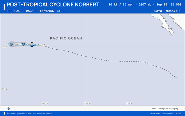 The official forecast track for Post-Tropical Cyclone Norbert, NHC Advisory 24