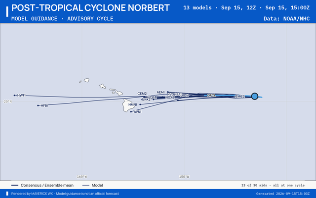 The models’ tracks, which are not a forecast for Post-Tropical Cyclone Norbert, NHC Advisory 24
