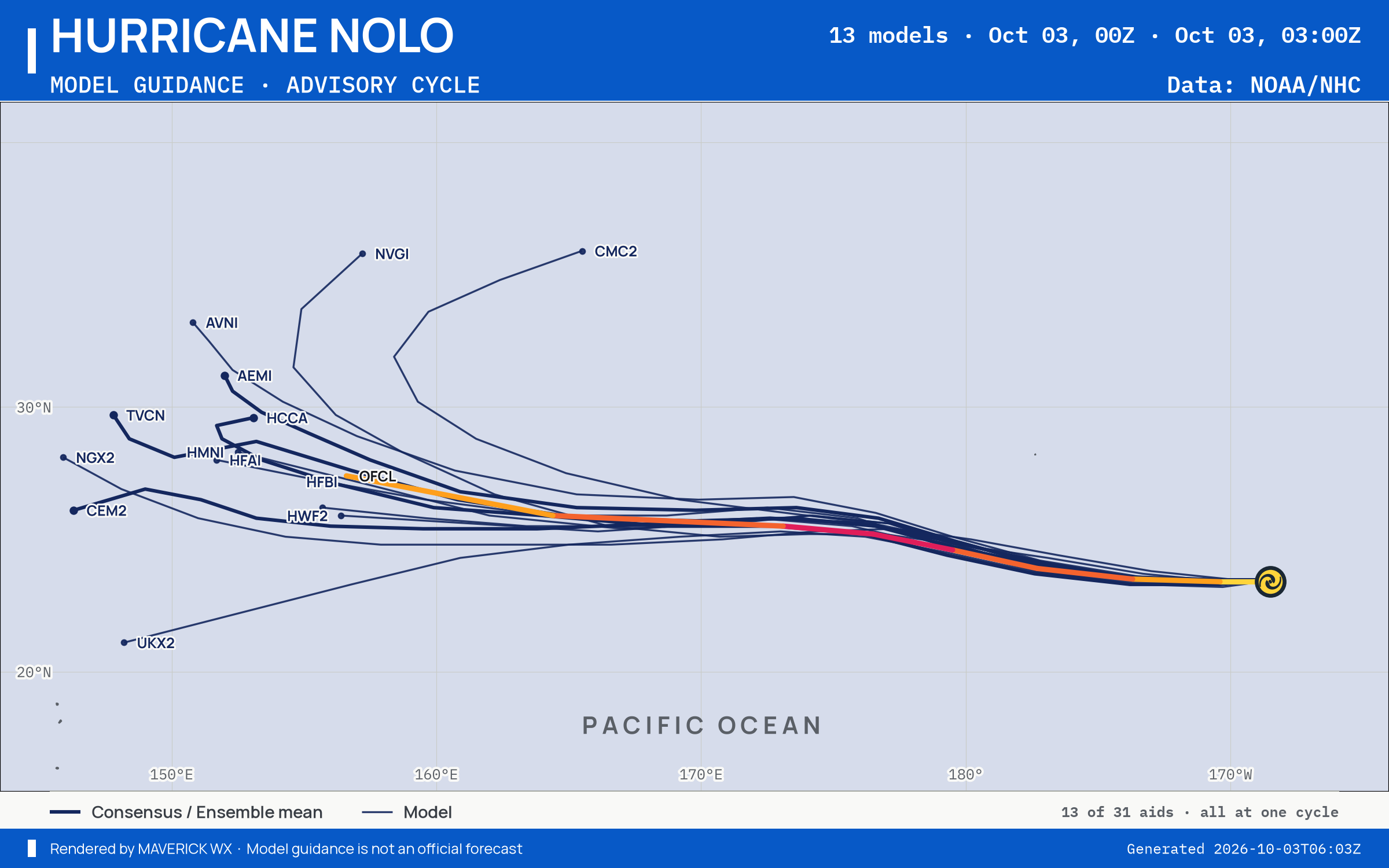 The models’ tracks, which are not a forecast for Category 1 Hurricane Nolo, CPHC Advisory 50