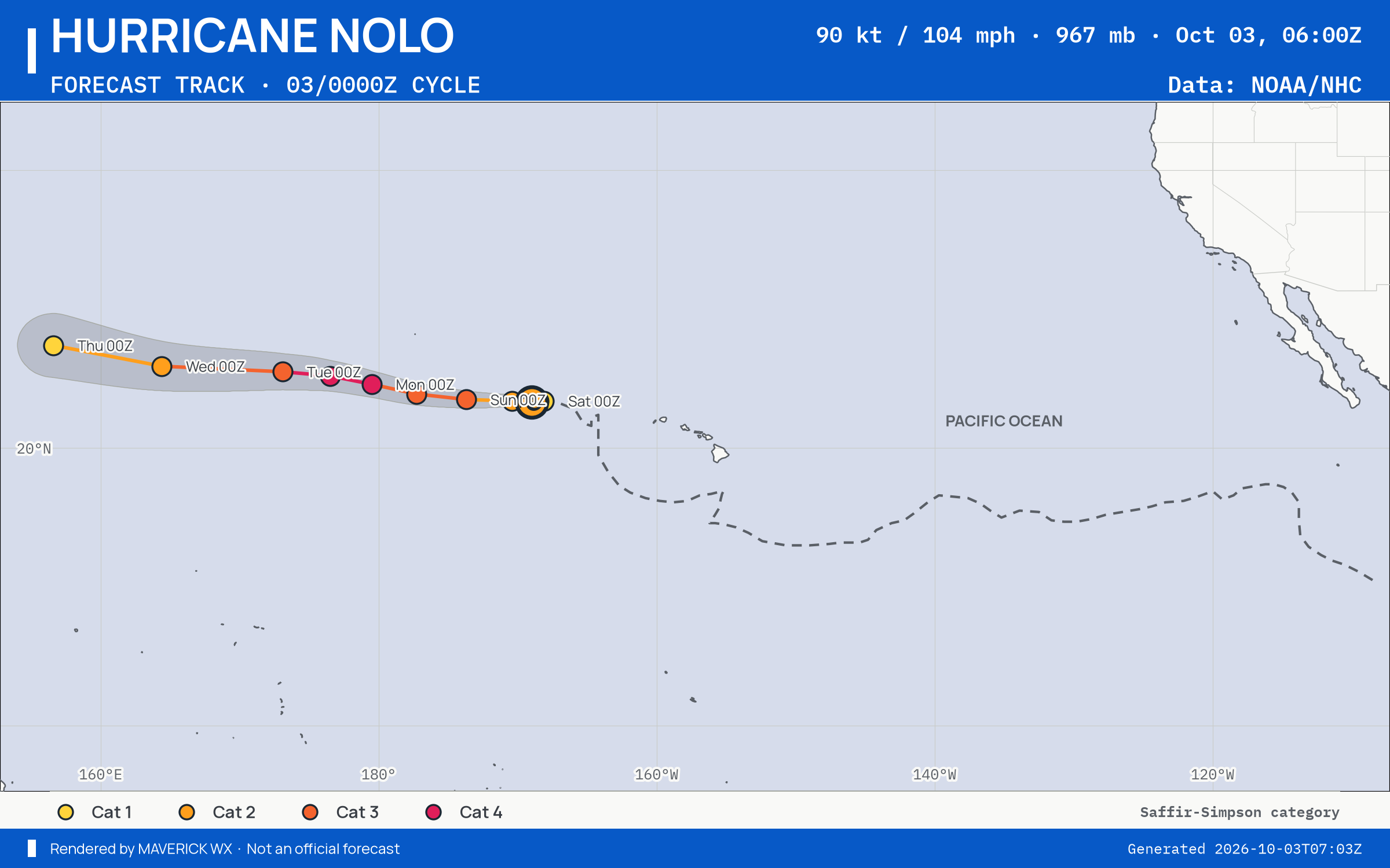 CPHC forecast for Category 2 Hurricane Nolo, Best track; rendered by MaverickWX