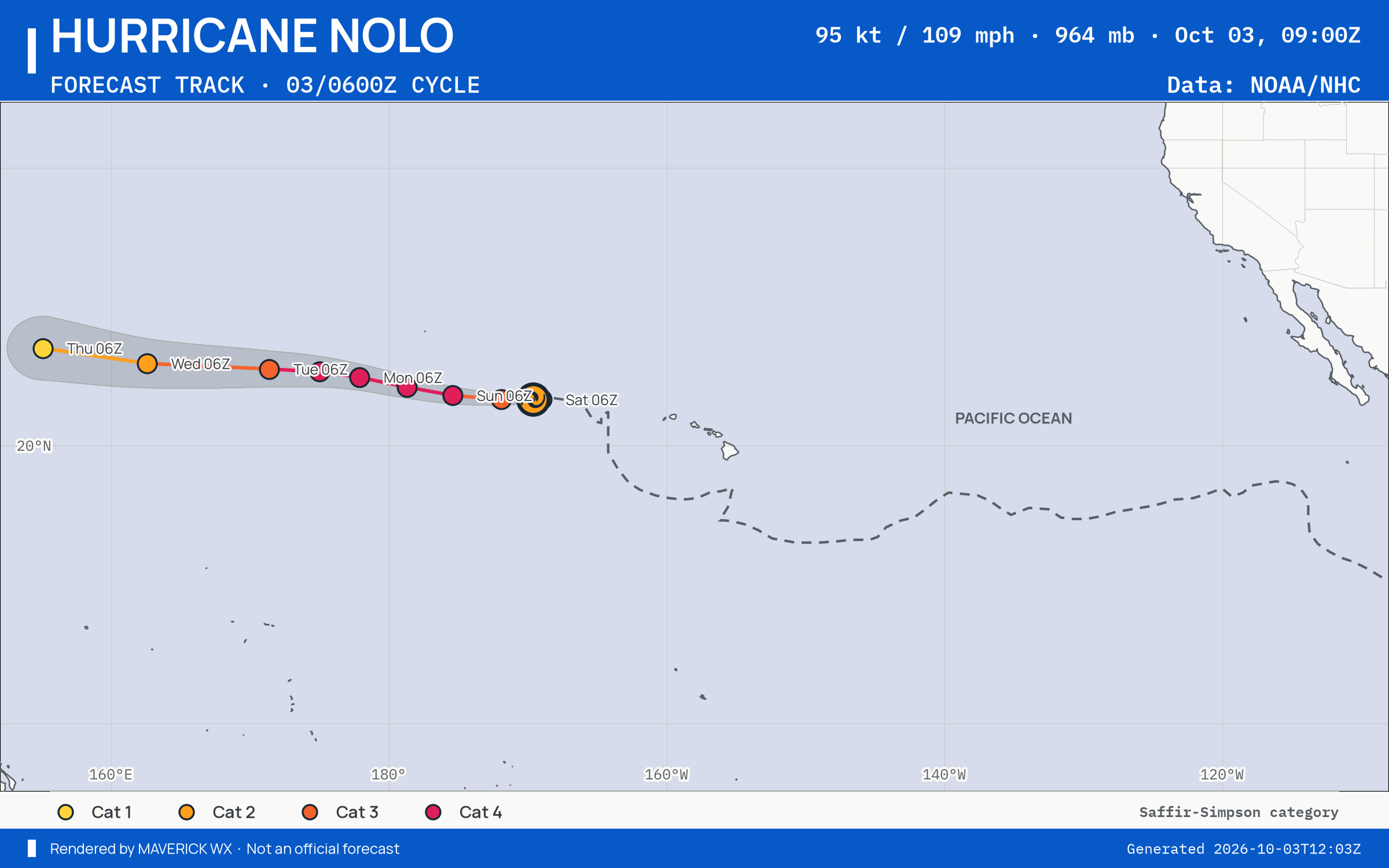 CPHC forecast for Category 2 Hurricane Nolo, Advisory 51; rendered by MaverickWX