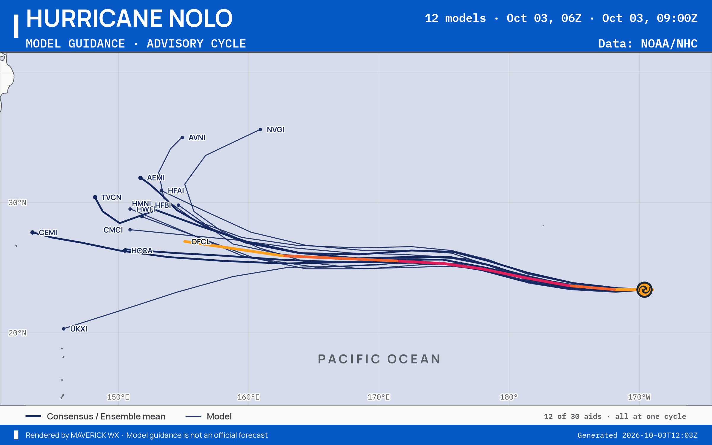 The models’ tracks, which are not a forecast for Category 2 Hurricane Nolo, CPHC Advisory 51