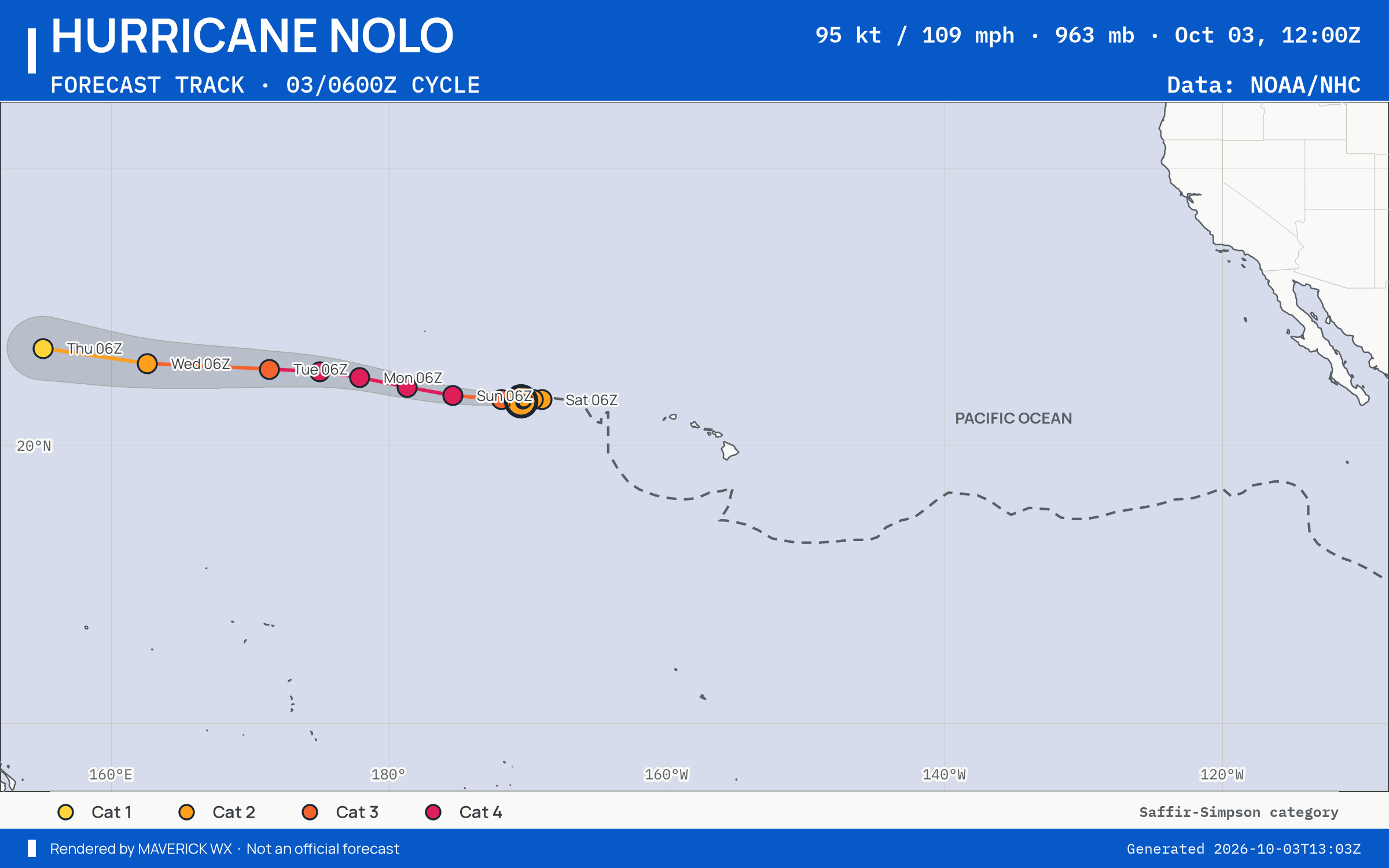 The official forecast track for Category 2 Hurricane Nolo, CPHC Best track