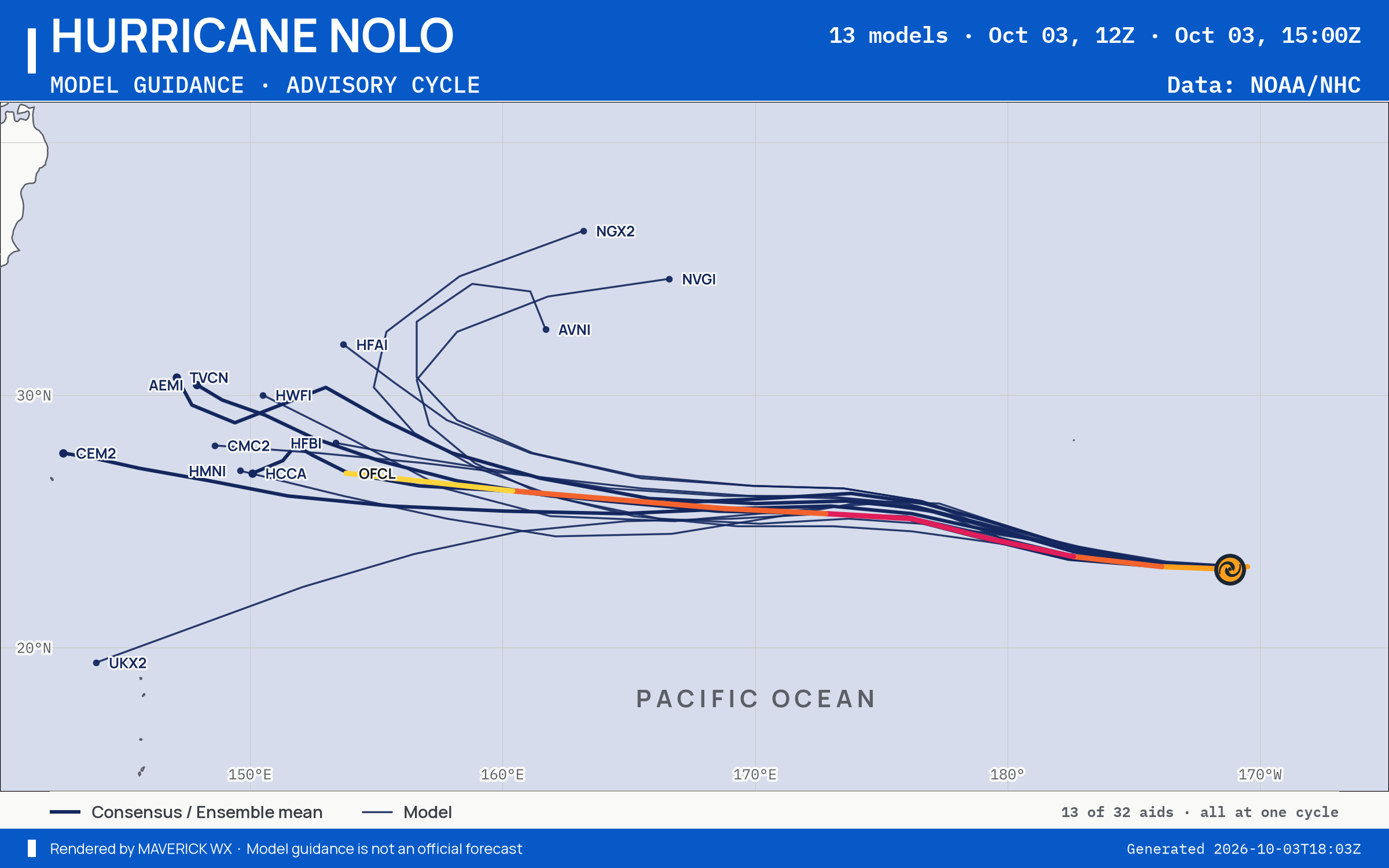 The models’ tracks, which are not a forecast for Category 2 Hurricane Nolo, CPHC Advisory 52