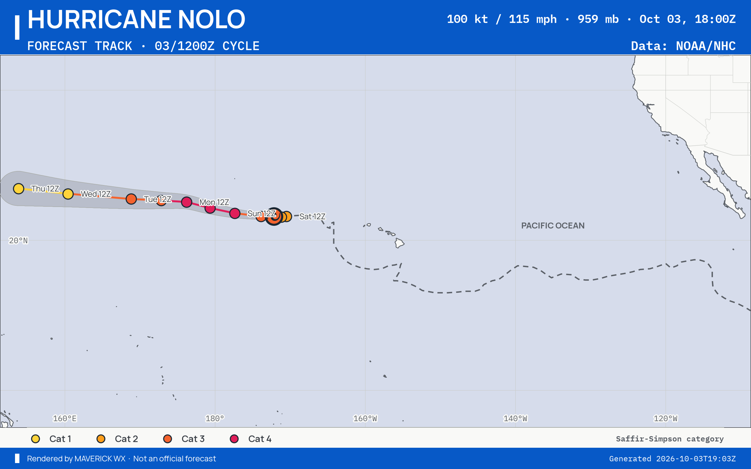 CPHC forecast for Category 3 Hurricane Nolo, Best track; rendered by MaverickWX
