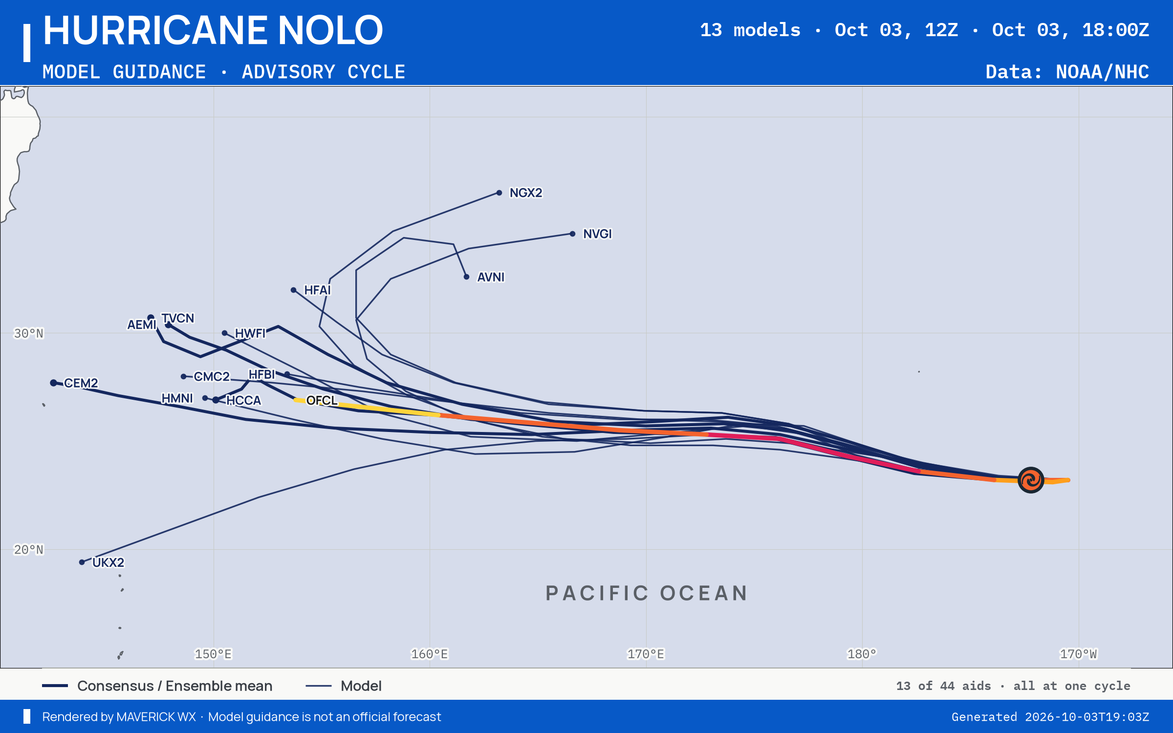 The models’ tracks, which are not a forecast for Category 3 Hurricane Nolo, CPHC Best track