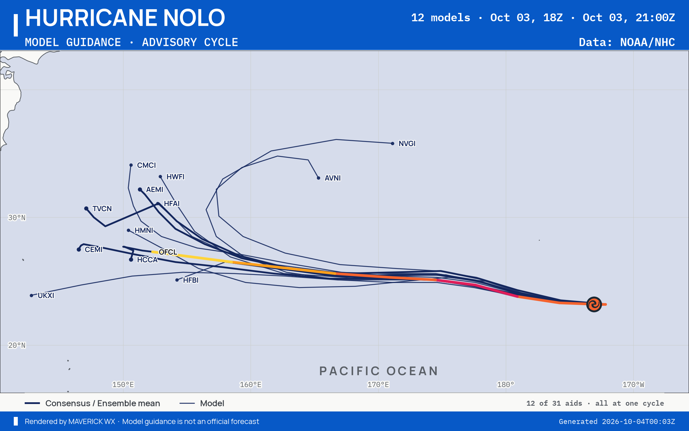 The models’ tracks, which are not a forecast for Category 3 Hurricane Nolo, CPHC Advisory 53
