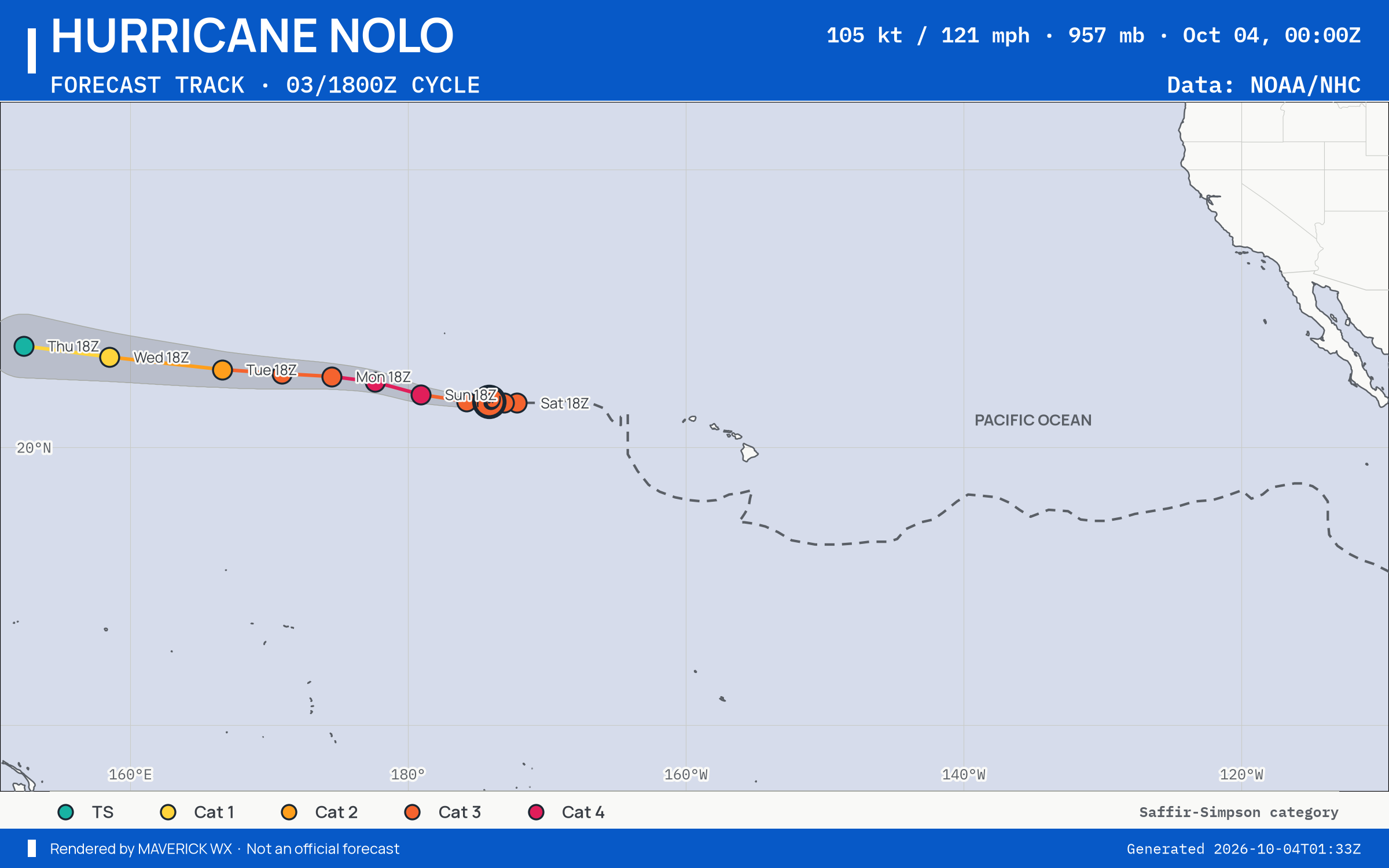 CPHC forecast for Category 3 Hurricane Nolo, Best track; rendered by MaverickWX