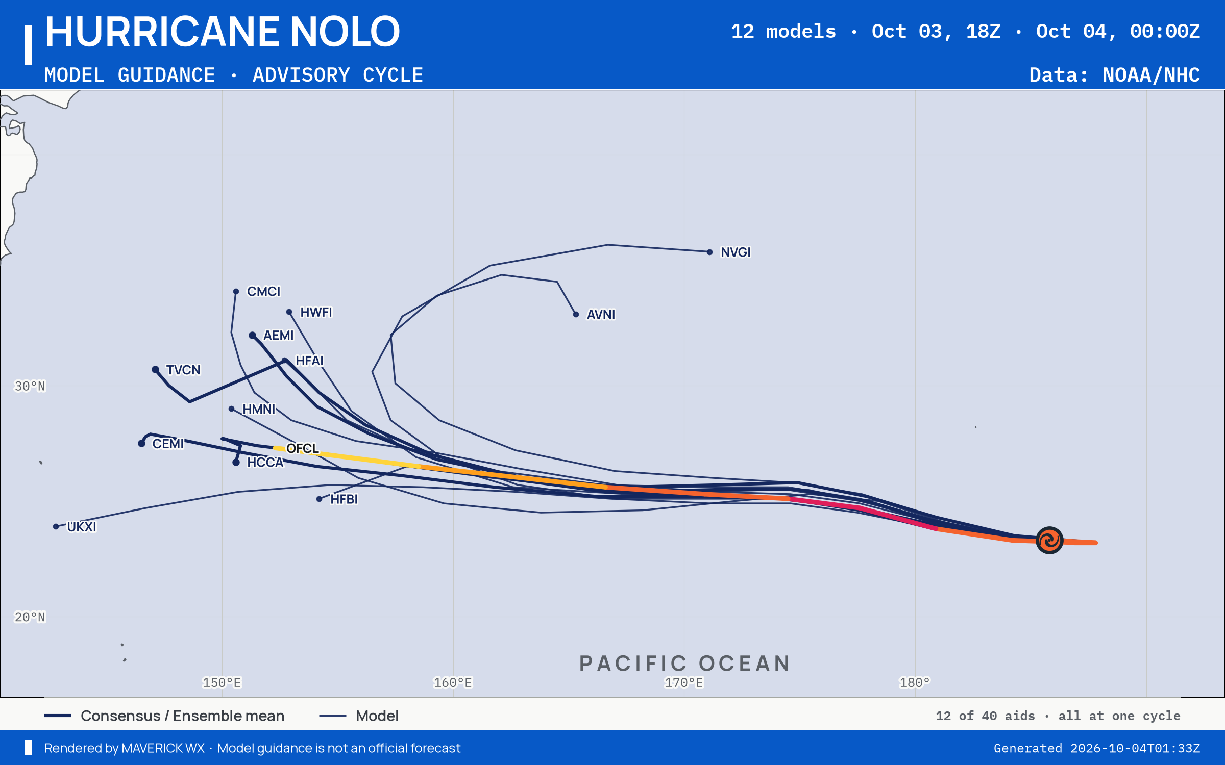 The models’ tracks, which are not a forecast for Category 3 Hurricane Nolo, CPHC Best track