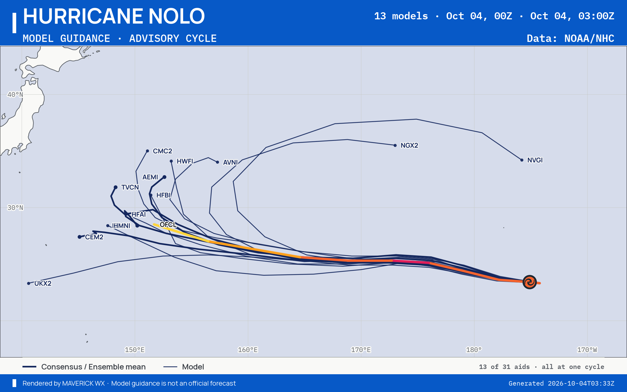 The models’ tracks, which are not a forecast for Category 3 Hurricane Nolo, CPHC Advisory 54
