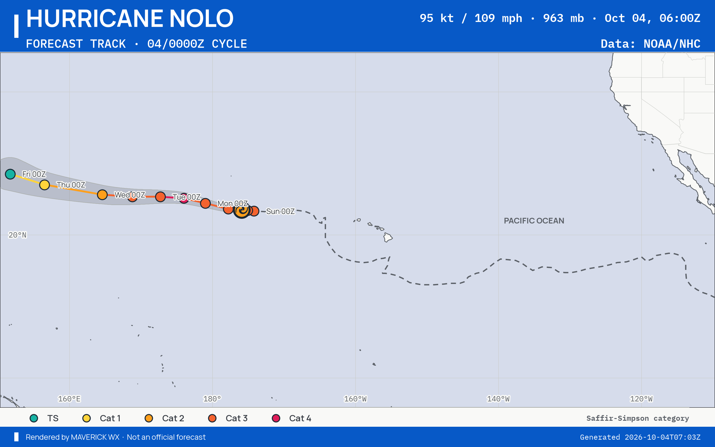 The official forecast track for Category 2 Hurricane Nolo, CPHC Best track