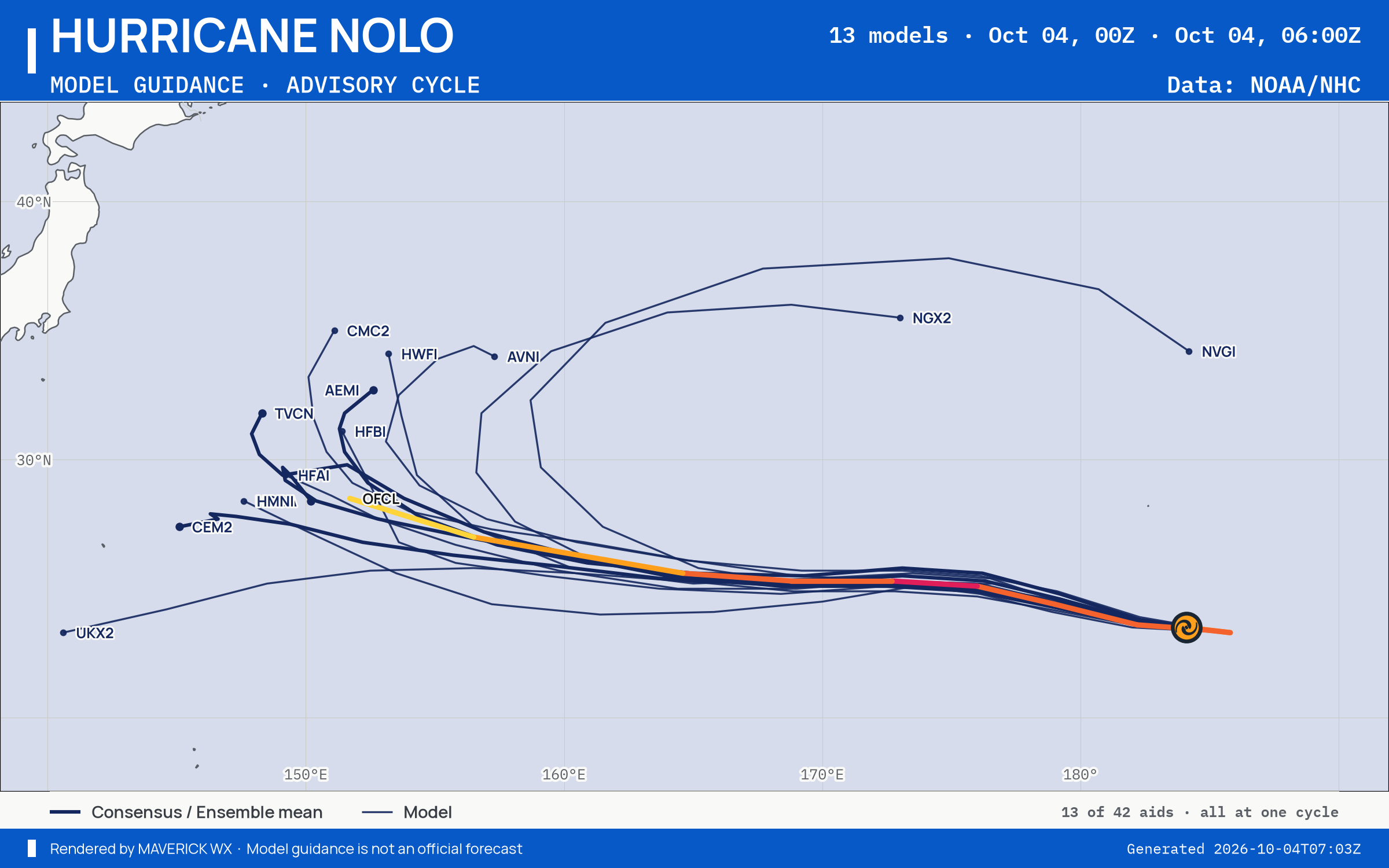The models’ tracks, which are not a forecast for Category 2 Hurricane Nolo, CPHC Best track