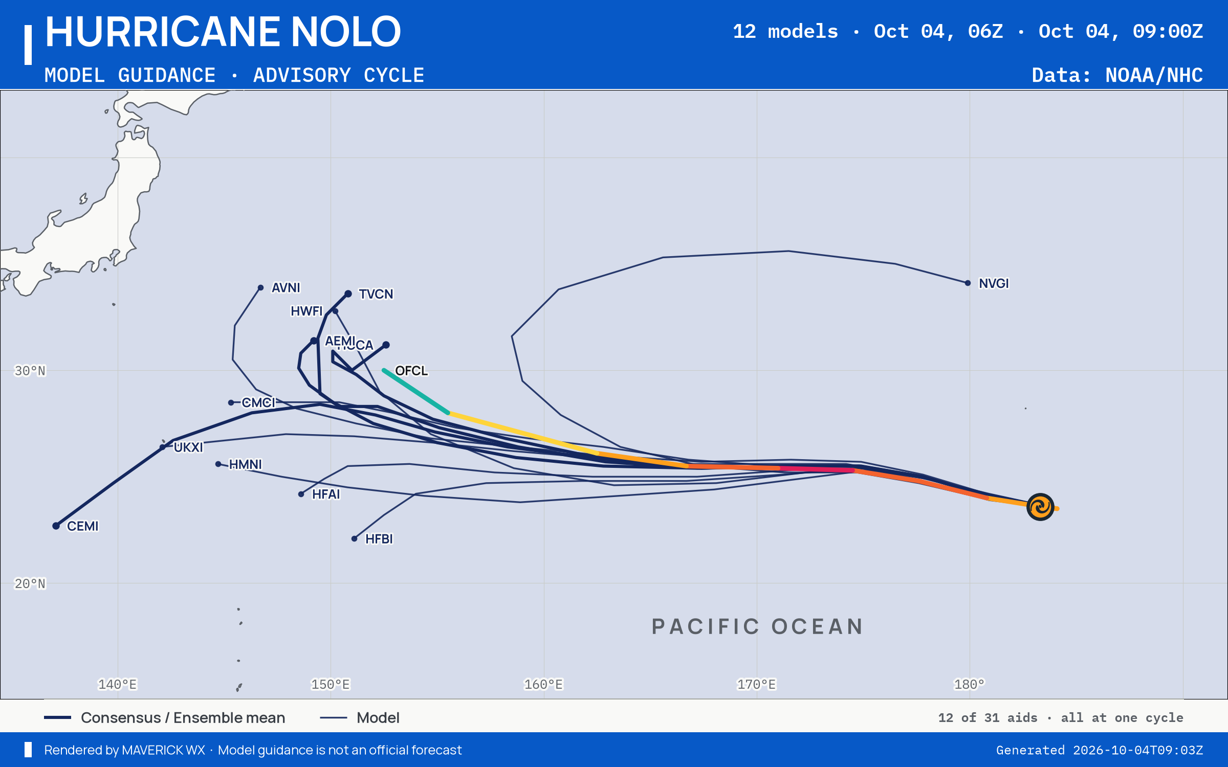 The models’ tracks, which are not a forecast for Category 2 Hurricane Nolo, CPHC Advisory 55
