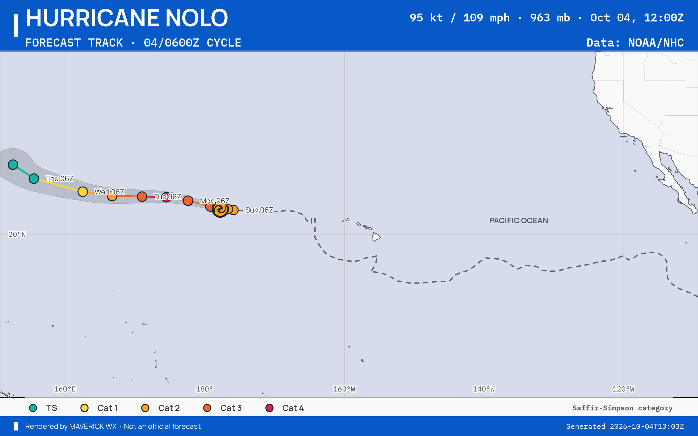 The official forecast track for Category 2 Hurricane Nolo, CPHC Best track