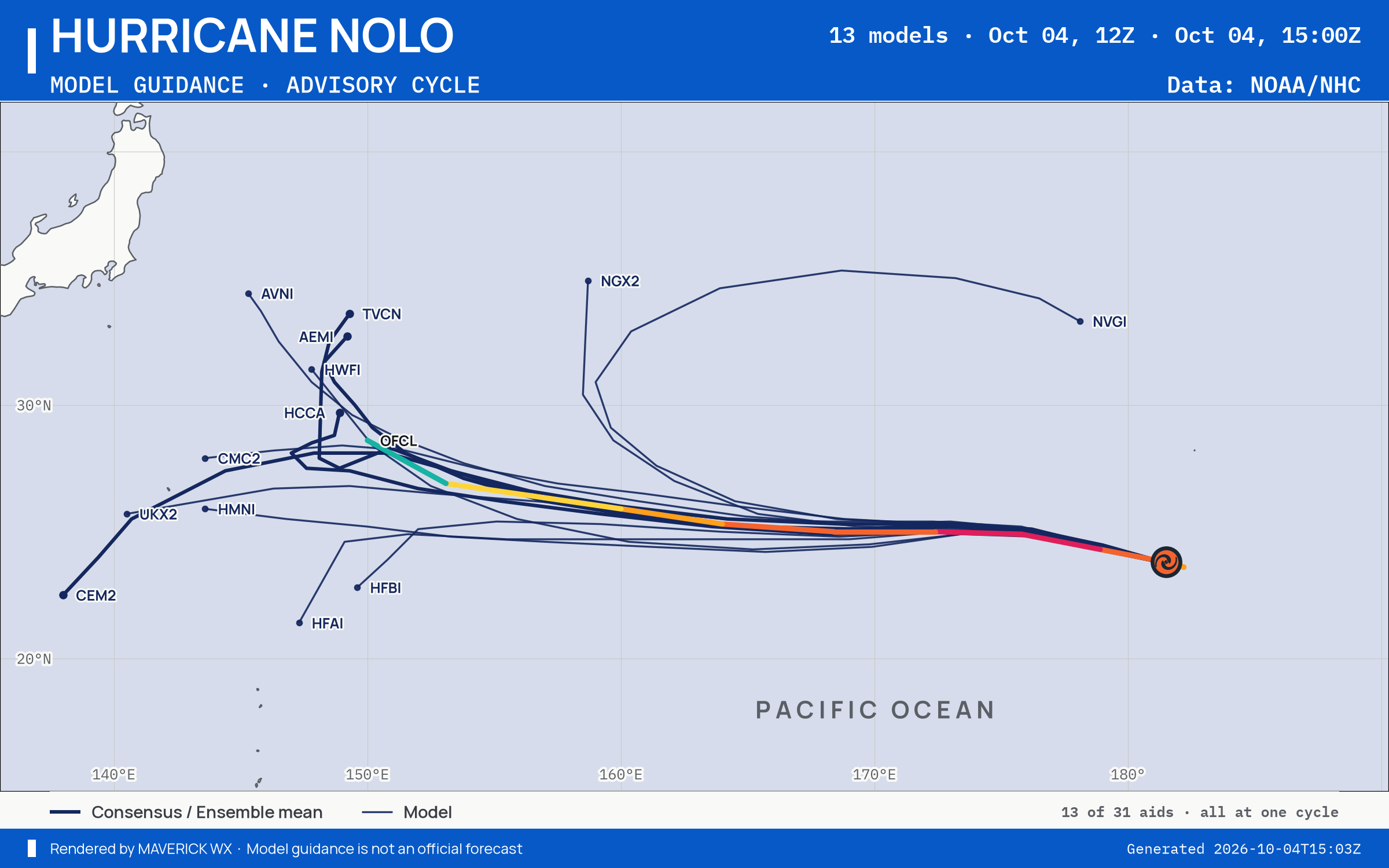 The models’ tracks, which are not a forecast for Category 3 Hurricane Nolo, CPHC Advisory 56