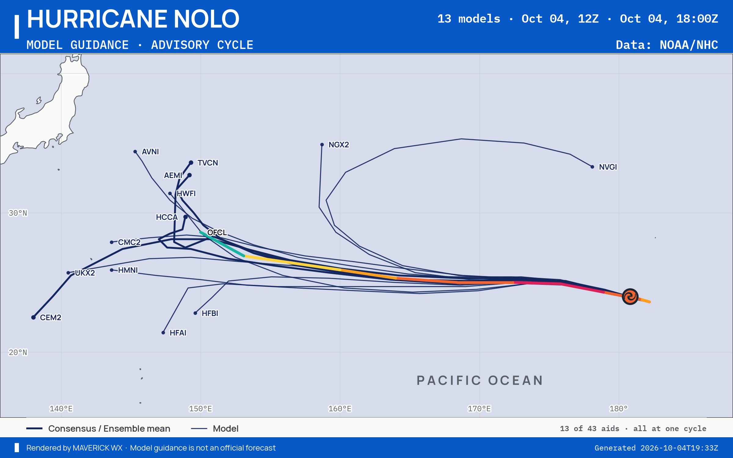 The models’ tracks, which are not a forecast for Category 3 Hurricane Nolo, CPHC Best track