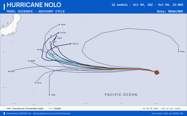 The models’ tracks, which are not a forecast for Category 3 Hurricane Nolo, CPHC Advisory 57