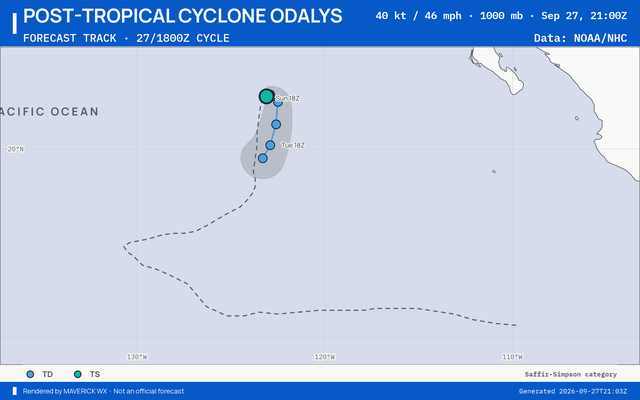 The official forecast track for Post-Tropical Cyclone Odalys, NHC Advisory 32
