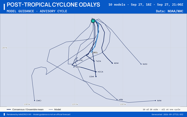 The models’ tracks, which are not a forecast for Post-Tropical Cyclone Odalys, NHC Advisory 32