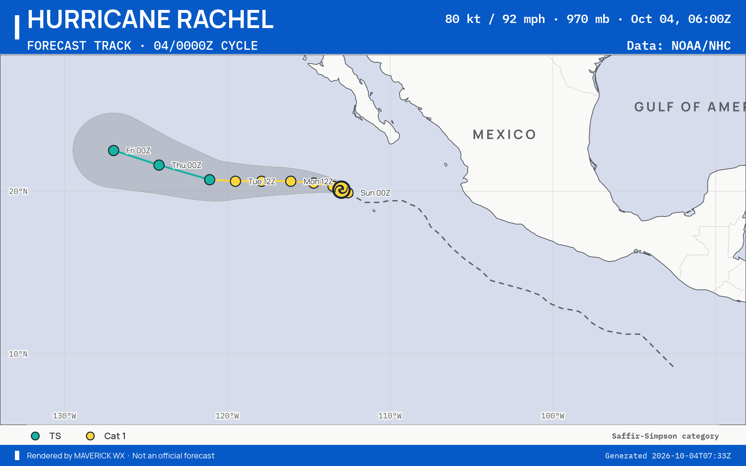NHC forecast for Category 1 Hurricane Rachel, Best track; rendered by MaverickWX