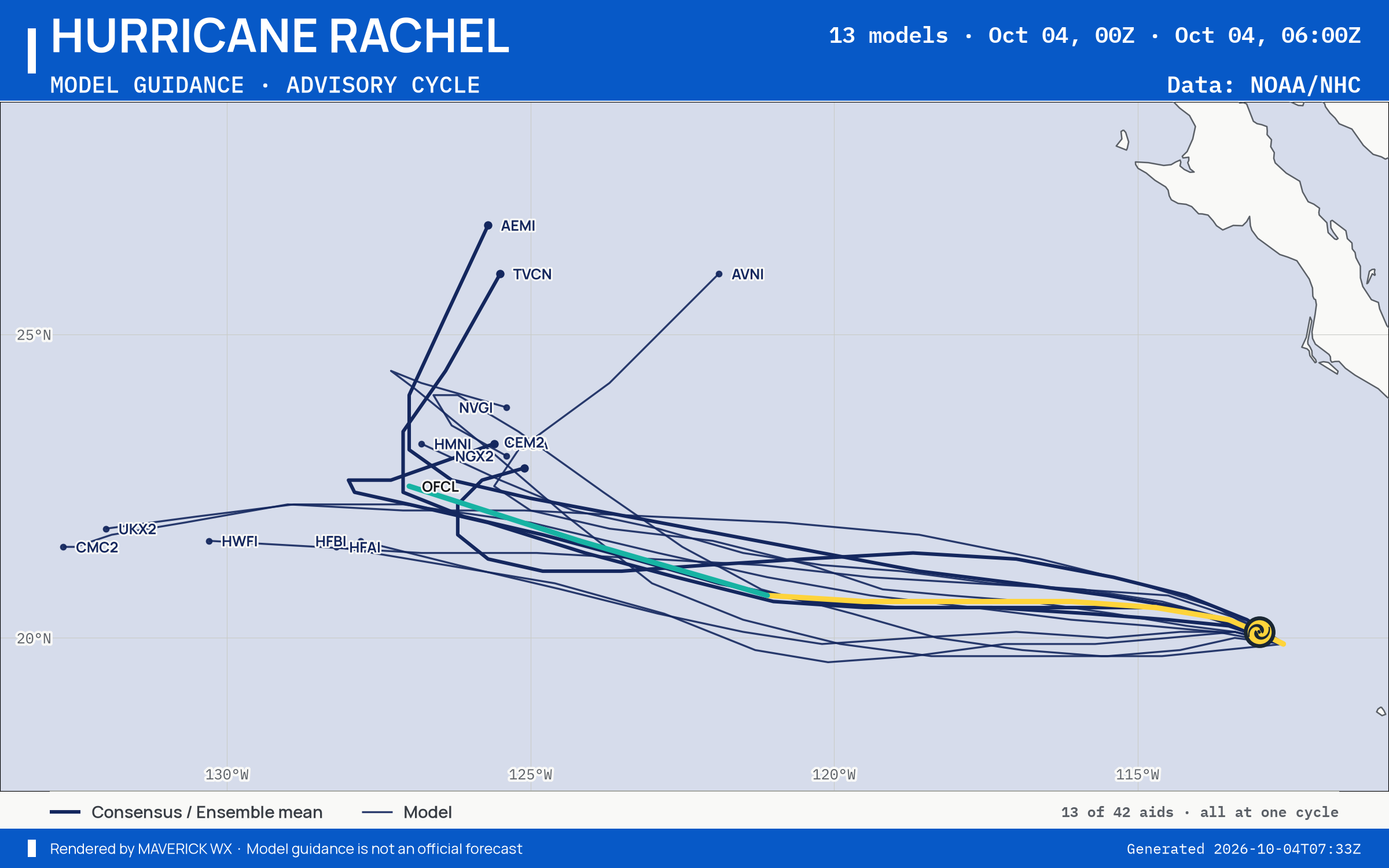 The models’ tracks, which are not a forecast for Category 1 Hurricane Rachel, NHC Best track