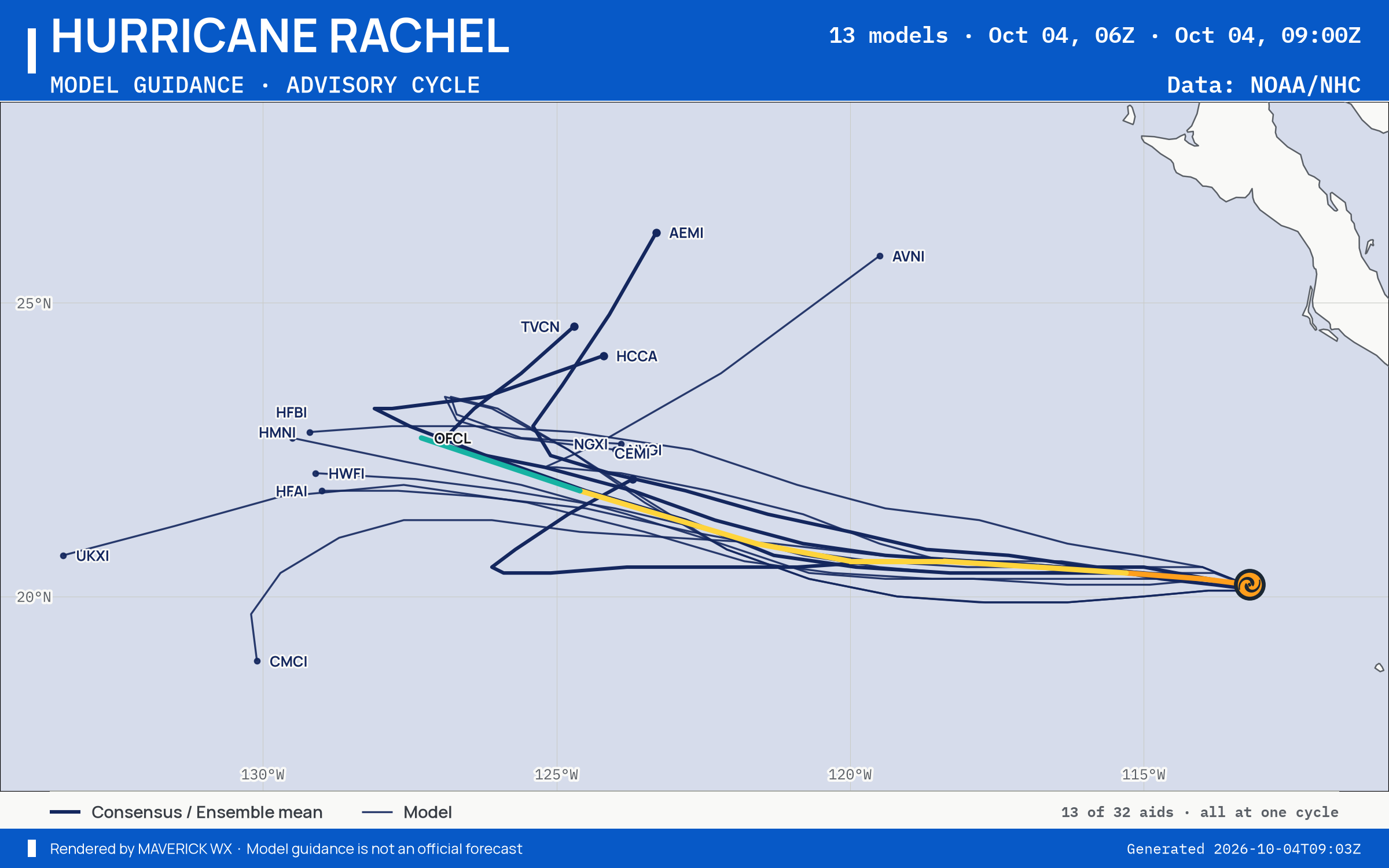 The models’ tracks, which are not a forecast for Category 2 Hurricane Rachel, NHC Advisory 29