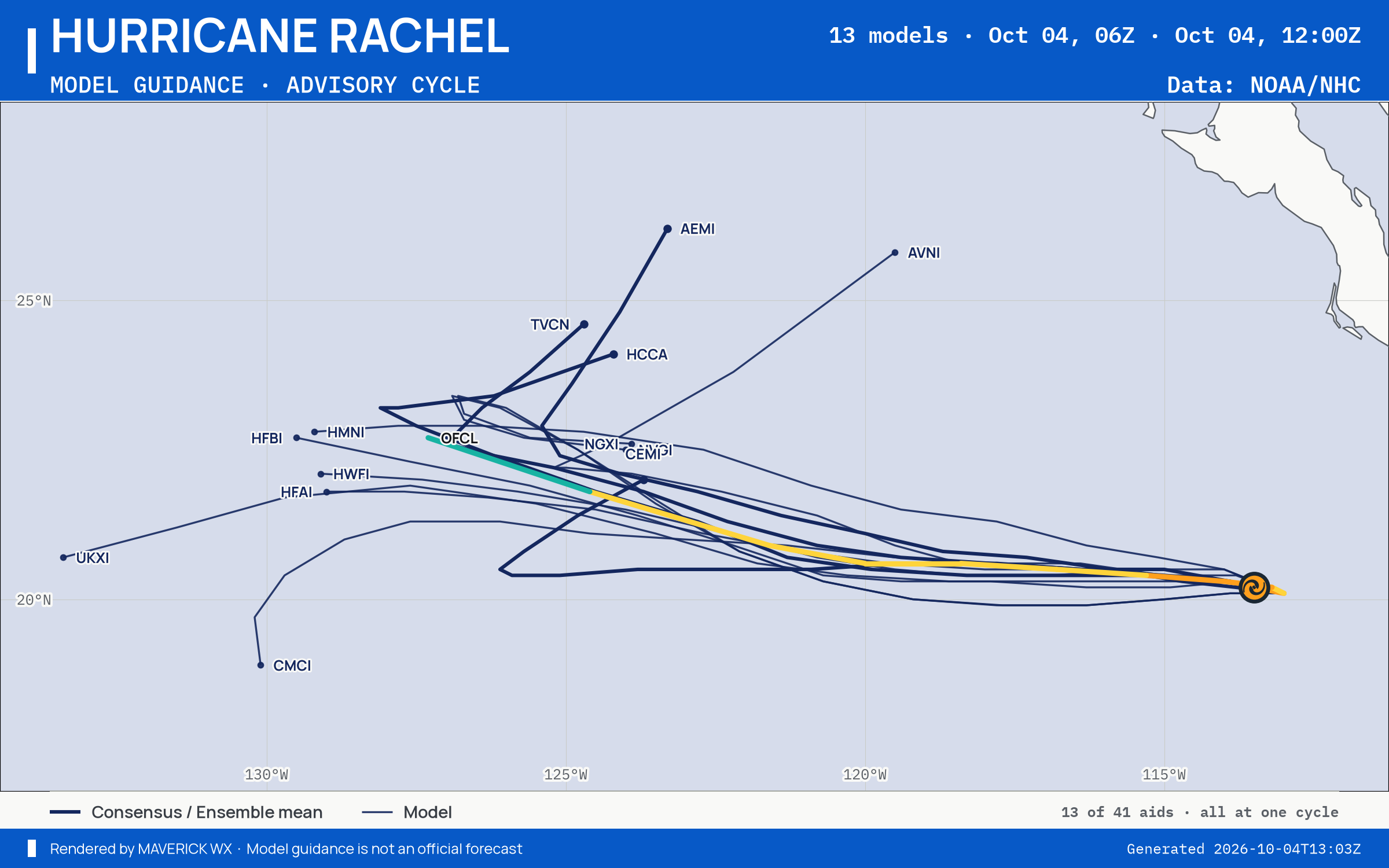 The models’ tracks, which are not a forecast for Category 2 Hurricane Rachel, NHC Best track